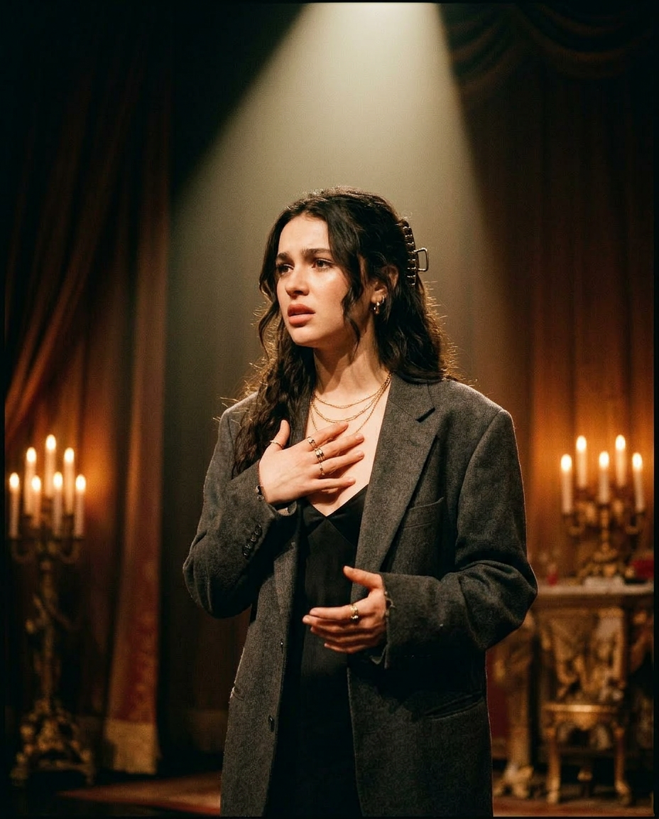 An actress mid-monologue under a single warm spotlight