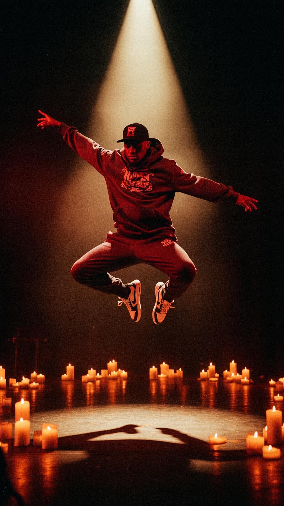 An urban hip-hop dancer caught mid-freeze above a candlelit stage